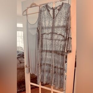 Sundance XXL Smokey Blue Tiered dress with long Sleeves, back zip, includes slip